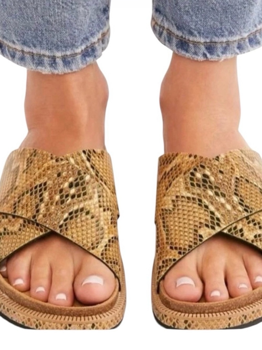 NEW Free People Snake-Print Crisscross Slide in Tan and Black